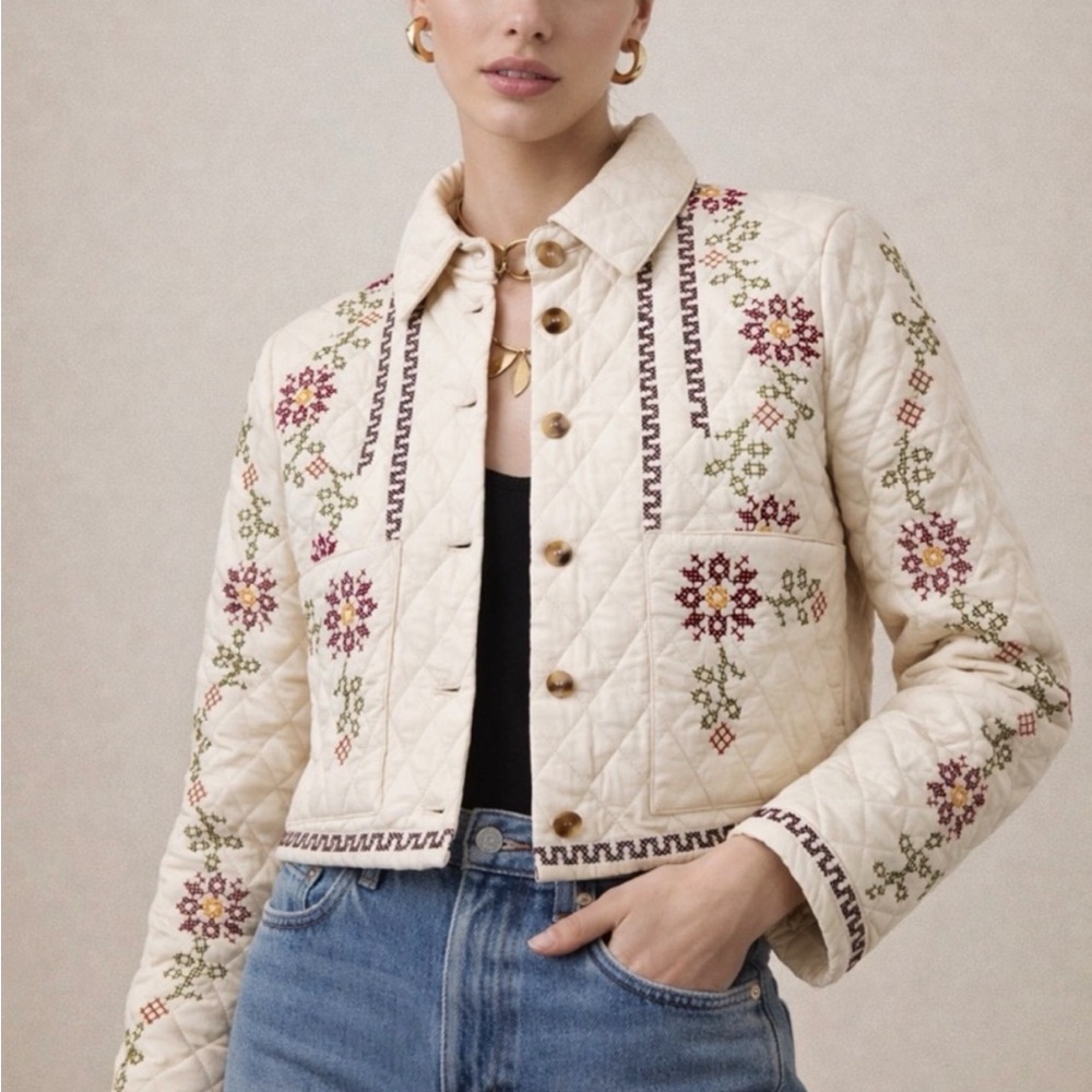 Christian Lacroix White Quilted Bomber Jacket with Floral Cross-Stitch - Picture 3 of 7